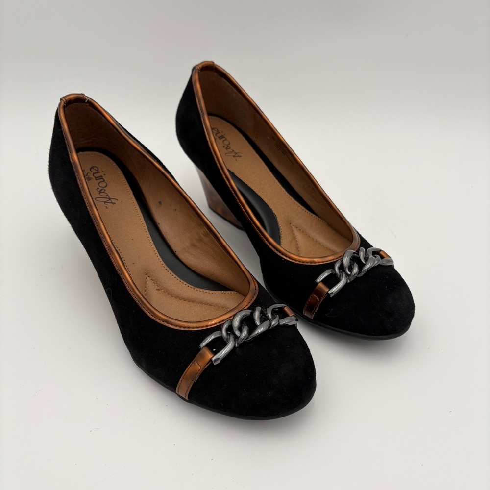 Eurosoft Black Suede Wedge Heels with Chain Detail Women's Size 8M